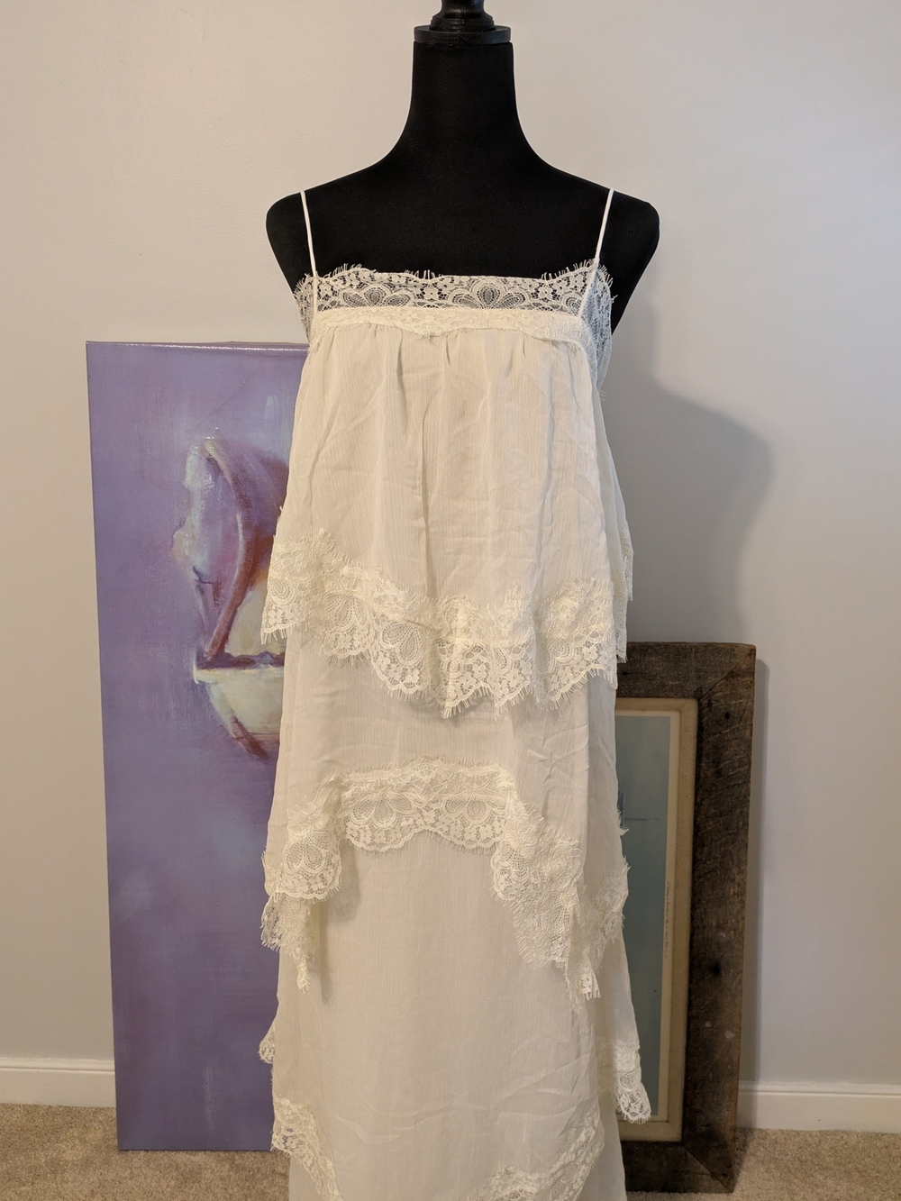 SHEIN White Lace Tiered Slip Dress Size L Lace Up Back Layers Fairycore